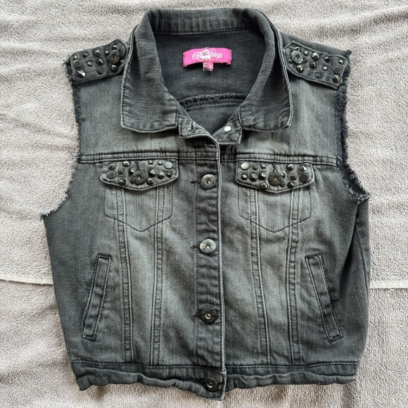 Ci Sono Jackets & Blazers - Womens Black Studded Denim Vest Moto Punk Grunge Frayed Sleeveless Jacket S